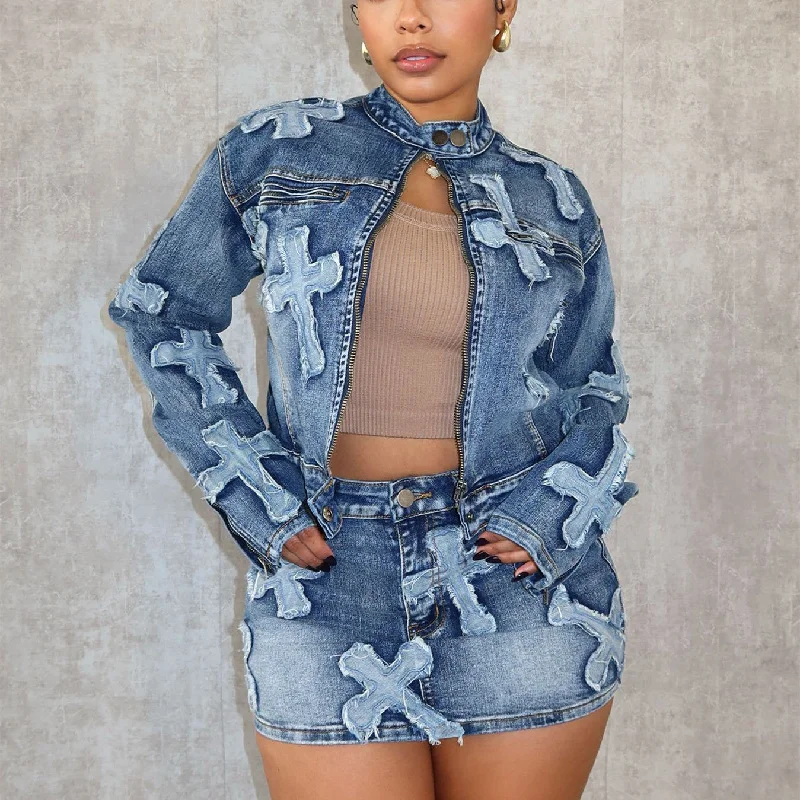 Skirts for elegant statement pieces -Denim Embroidered Short Skirt Jacket Suits Suit