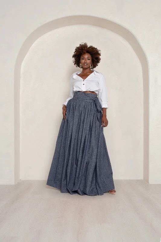 Skirts for school -Chambray High Waist Belted Maxi Skirt- JIBRI