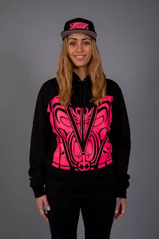 hoodie literature -Maori Unisex Hoodie Black with Pink [Fluro] design