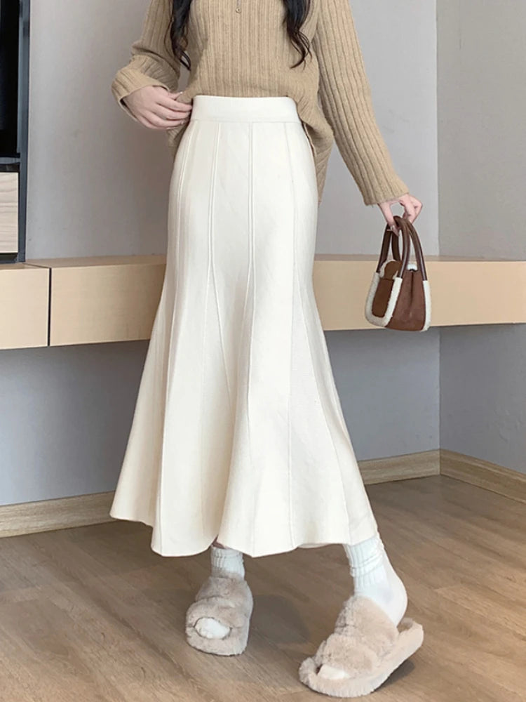 Skirts for cozy outfits -Autumn Winter Knitted Long Korean Fashion Temperament Elegant High Waist Solid Slim Black Fishtail Skirt