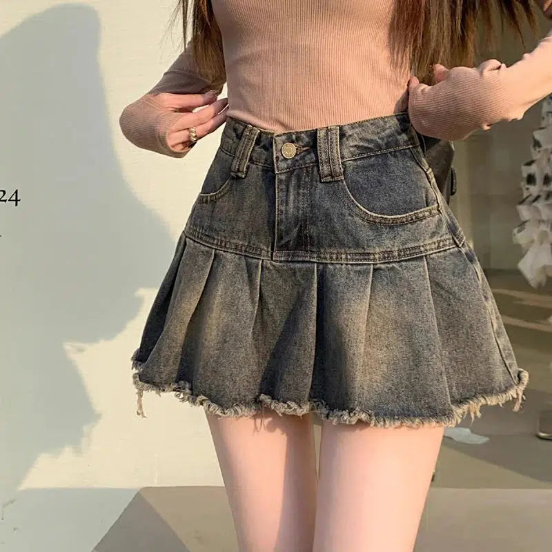 Skirts for maternity -Distressed Pleated Denim Mini Skirt