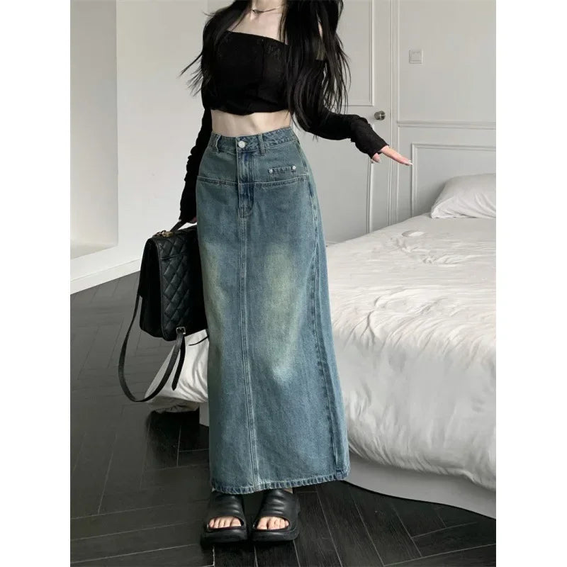 Skirts for glam nights -Vintage Hong Kong Style High-Waisted A-Line Denim Slit Side Design Versatile Long Skirt