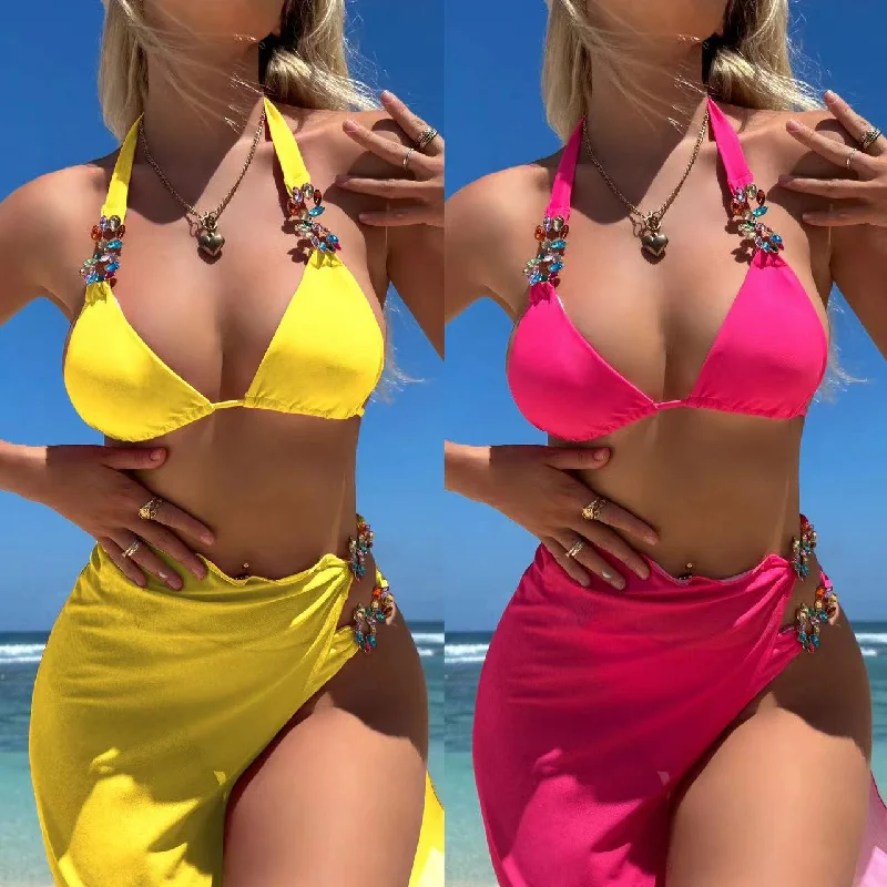 Skirts for Y2K comeback fashion -Light Diamond Solid Color Long Skirt Mesh Three Piece Swimsuit Bikini