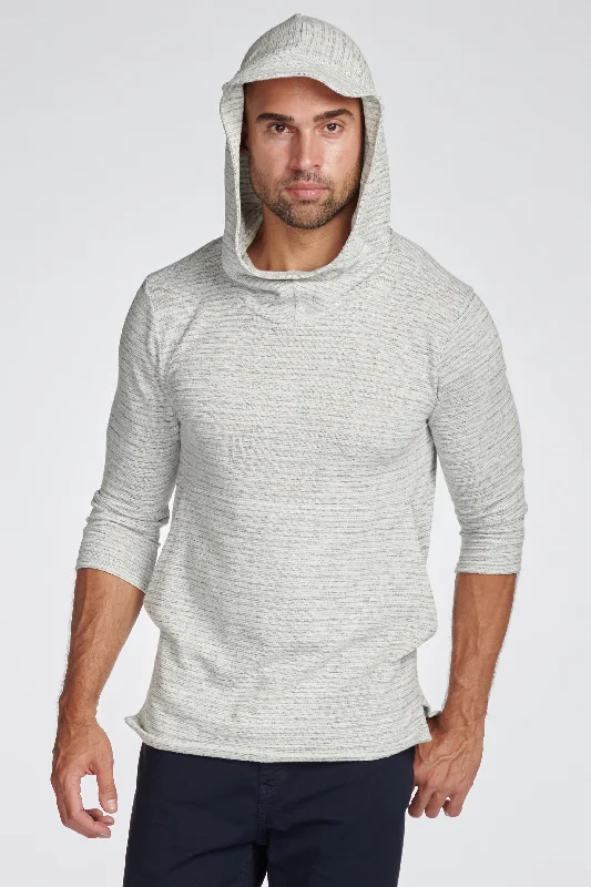 hoodie warm -Men's Cambridge 3/4 Sleeve Cowl Neck Visor Hoodie Sweater - Light Grey Speck Stripe