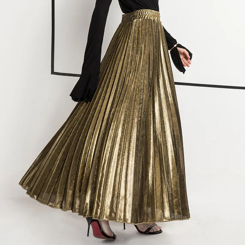 Skirts for classy dates -Check Pleated Maxi High Waist Large Swing Gold Long Skirt