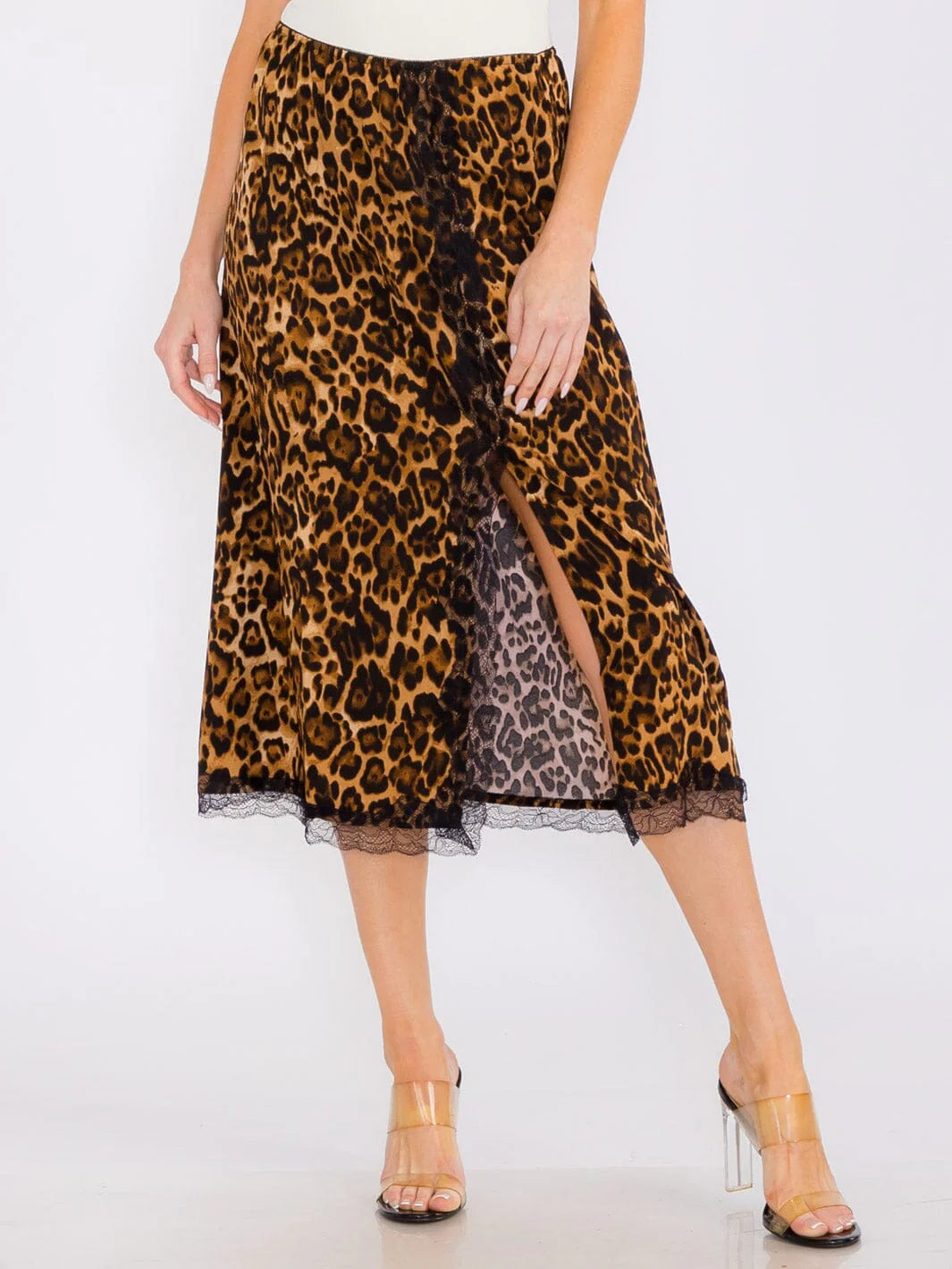 Skirts for concerts -Animal Print Slit Lace Midi Skirt