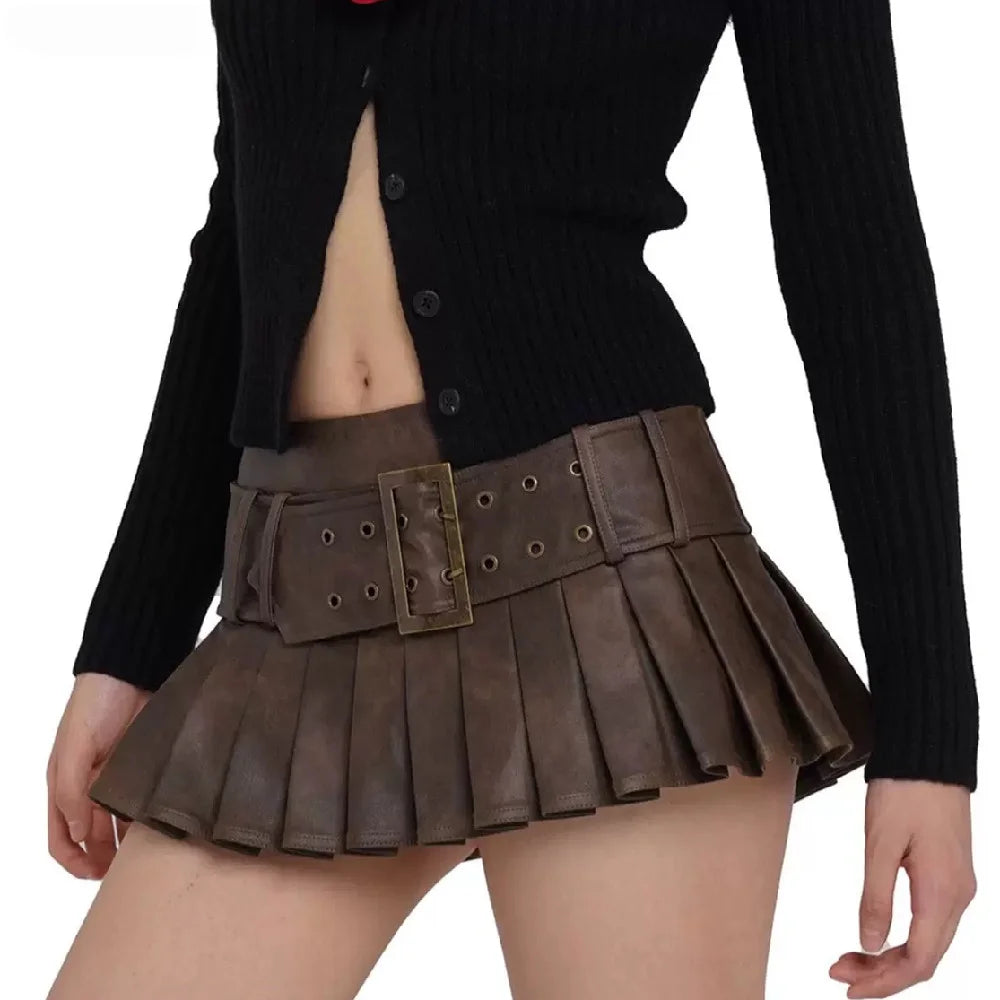 Skirts for airport fashion -Retro Buckle Belt Low Waist Sexy Leather Pleated Mini Skirt