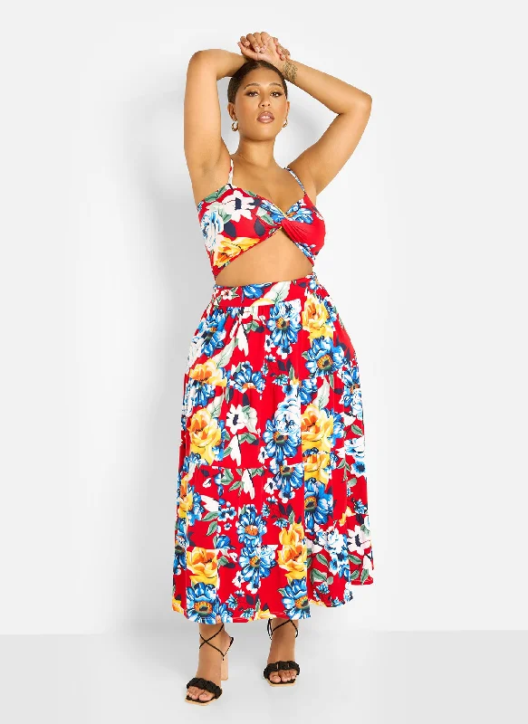 Skirts for year-round casual wear -Analise Floral Print Skater Maxi Skirt