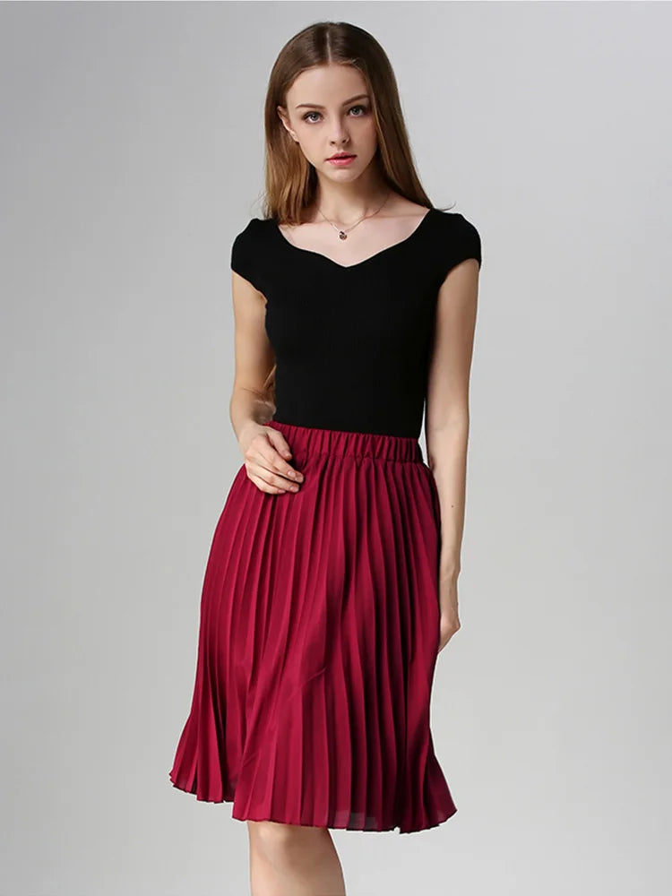 Skirts for weekend getaways -Chiffon Pleated Vintage High Waist Tutu Midi Rokken Summer Style Skirt