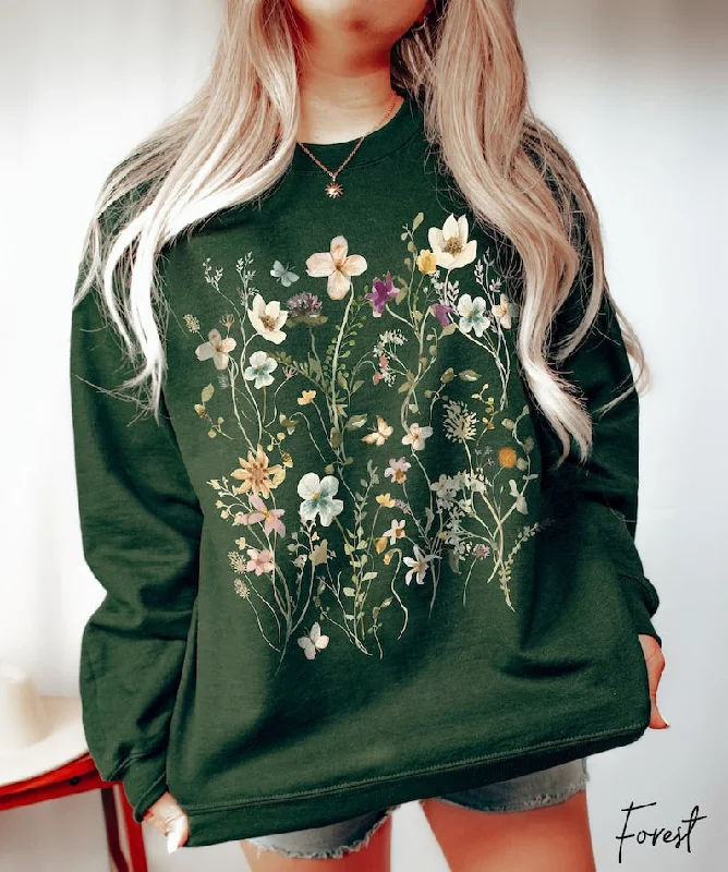 Sweatshirts perfect lounge wear -Vintage Pressed Flowers Sweatshirt Oversized Wildflowers Sweatshirt