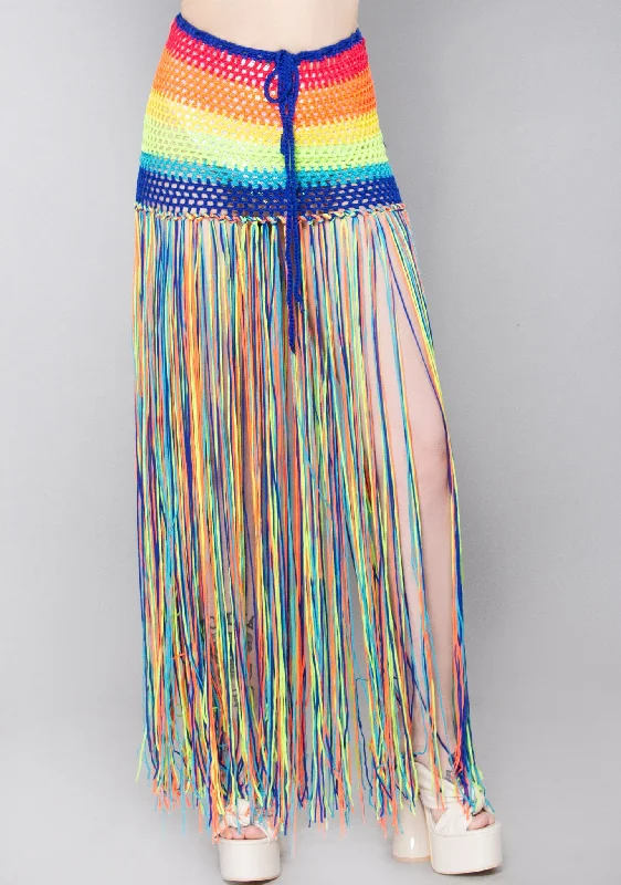 Skirts for high-waist lovers -Rainbow Thrillz Crochet Fringe Skirt