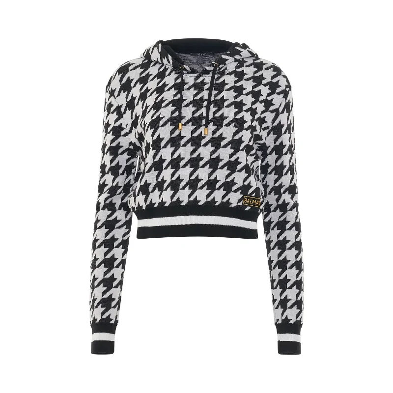 hoodie reinforced -Houndstooth Jacquard Knit Cropped Hoodie in White/Black