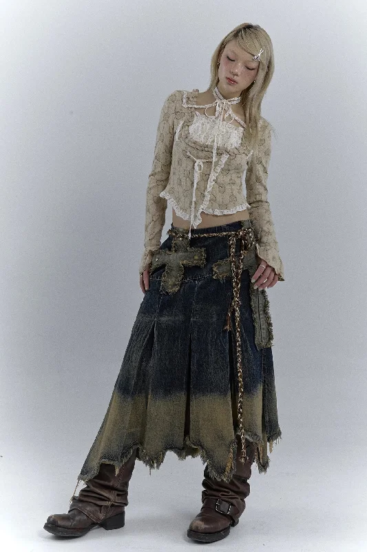 Skirts for college girls -Grunge Cross Patch Pleated Maxi Skirt