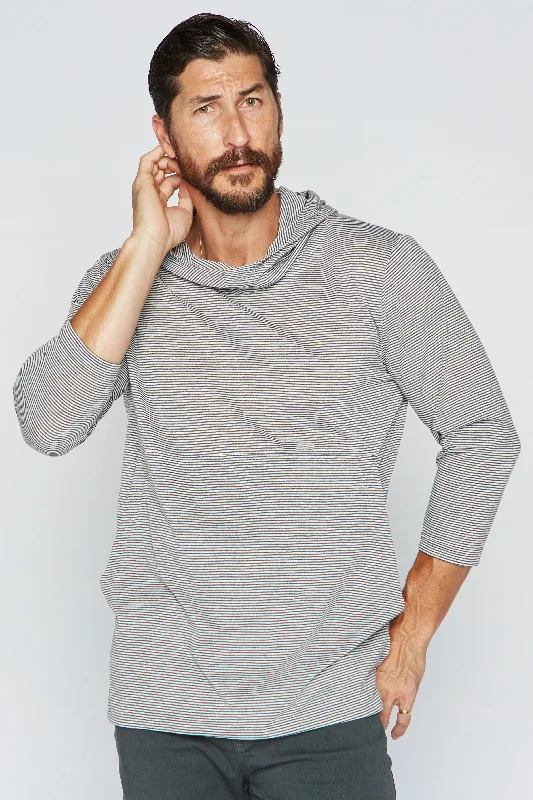 hoodie stylish -Men's 3/4 Sleeve Cowl Neck Visor Hoodie - Grey & White Stripe