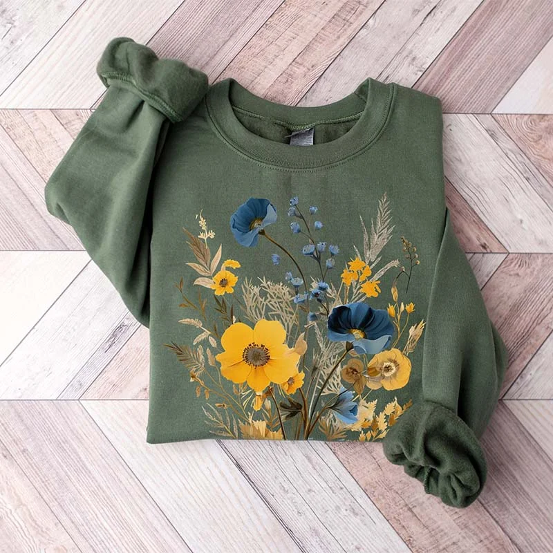 Sweatshirts wrinkle-resistant -Blue Botanical Floral Flowers Sweatshirt