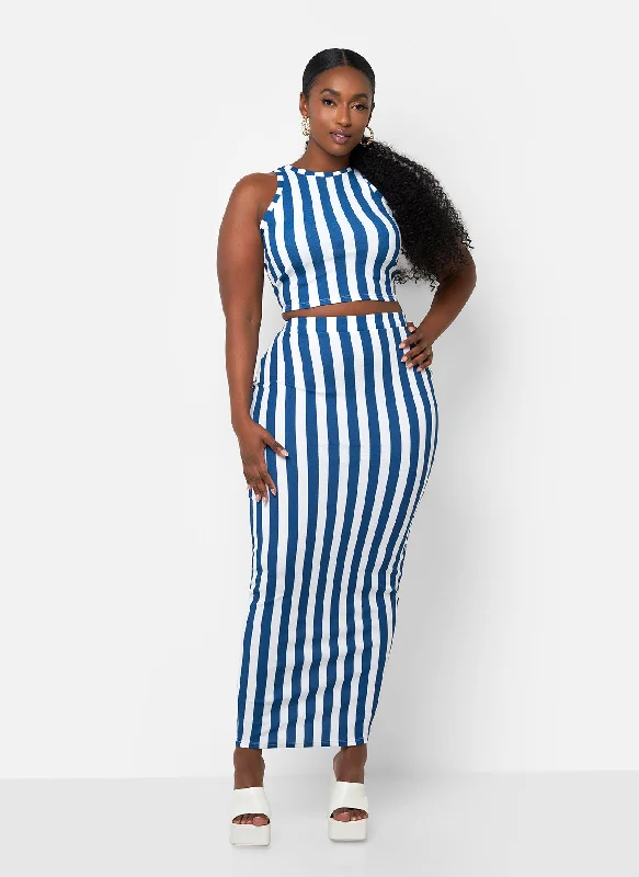 Skirts for relaxing weekends -Michelle Stripe Maxi Bodycon Skirt - White & Navy