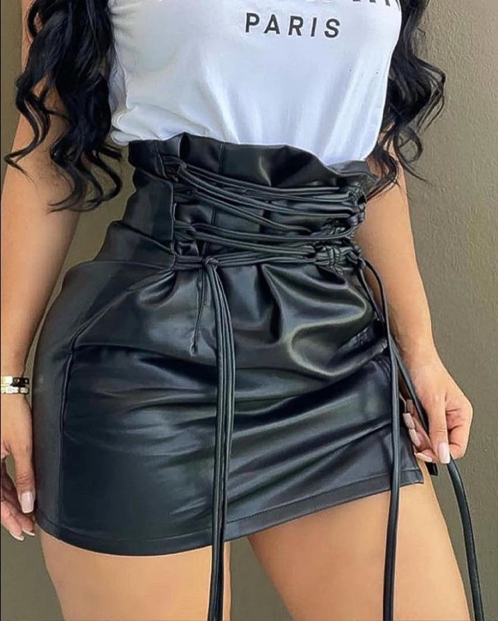 Skirts for stylish teens -Motorcycle Latest Fashion Urban Style Lace Up High Waist PU Leather Mini Skirt