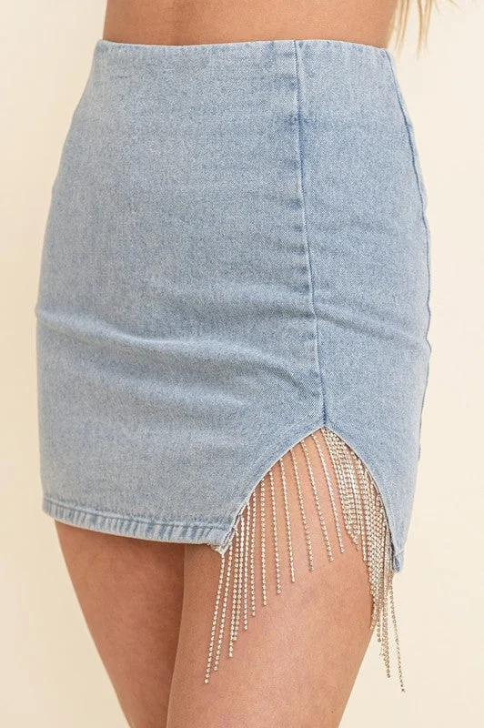 Skirts for ultra-feminine styles -Dance with Me Rhinestone Fringe Pencil Skirt