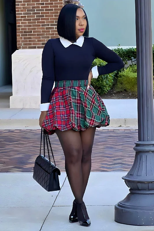 Skirts for trendy work-from-home looks -Billie Jean Bubble Hem Mini Skirt-Plaid Colorblock