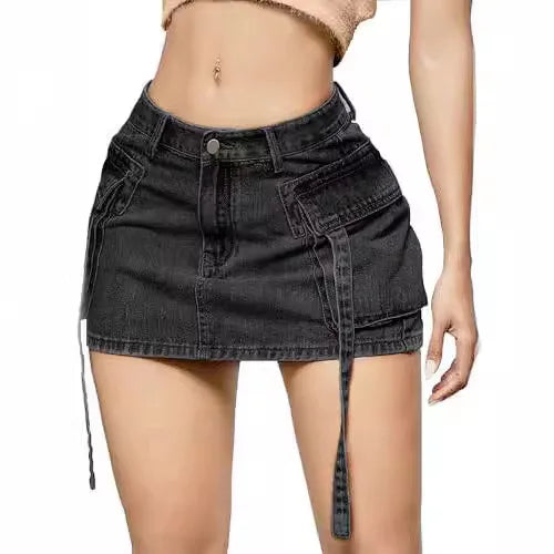 Skirts for model-off-duty style -Sexy Short Slim Fit Casual Regular Elegant Splice Denim High Waist Hip Wrap A-Line Skirt