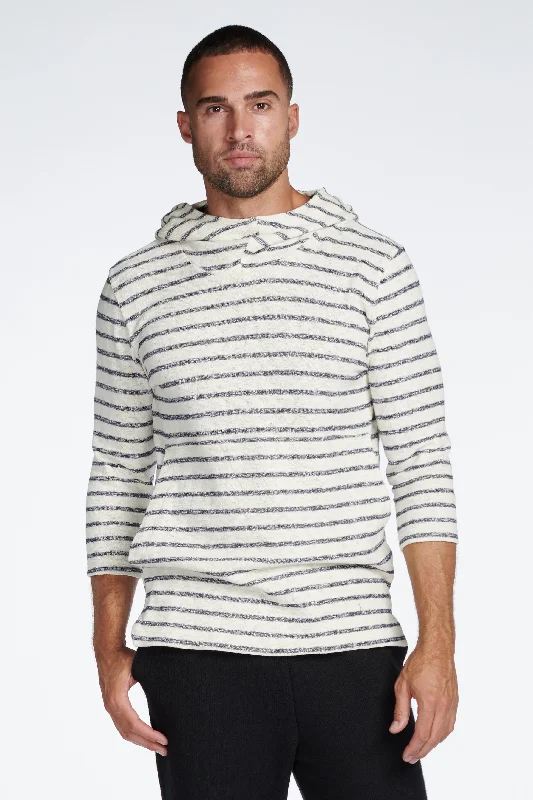 hoodie thin -Men's Cambridge 3/4 Sleeve Cowl Neck Visor Hoodie Sweater -  Slub Jersey Navy/Cream Stripe