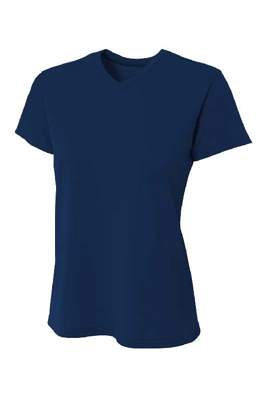 durable t-shirts long-lasting -A4 Womens Sprint Performance Moisture Wicking Short Sleeve V-Neck T-Shirt - Navy Blue