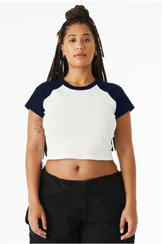 festival t-shirts vibe -Bella + Canvas Womens Micro Ribbed Raglan Short Sleeve Crewneck Baby T-Shirt - White/Navy Blue