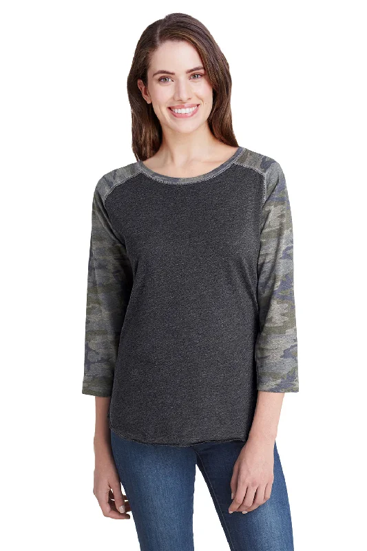 perforated t-shirts cool -LAT Womens Fine Jersey 3/4 Sleeve Crewneck T-Shirt - Vintage Smoke Grey/Camo