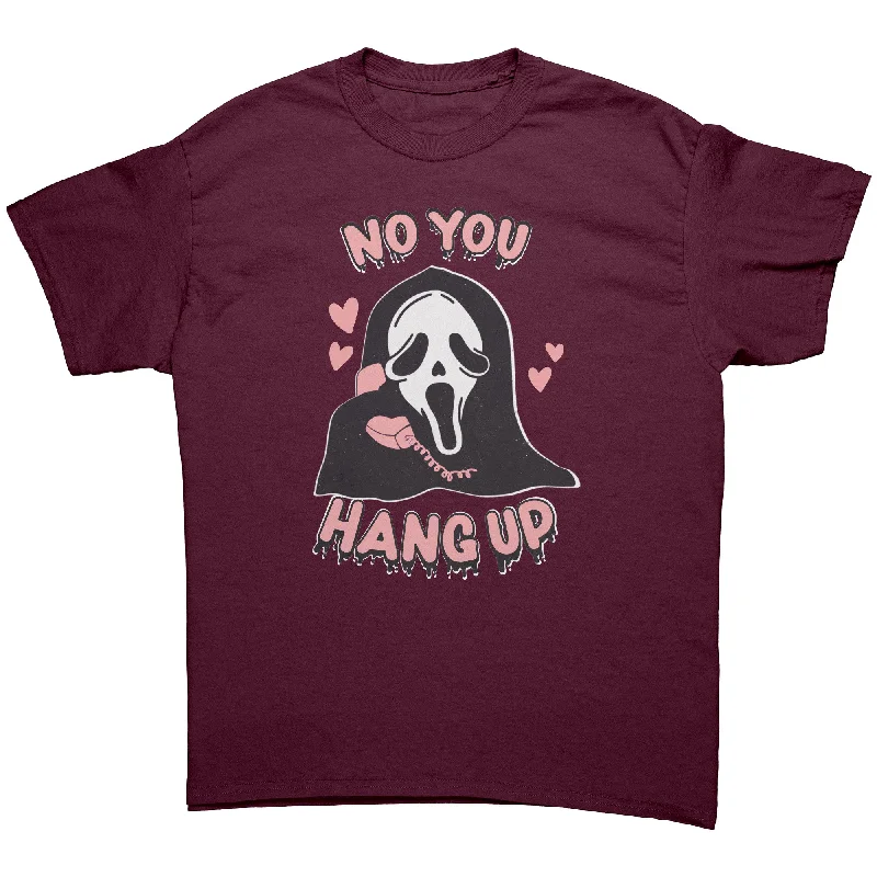 gothic t-shirts dark -No You Hang Up Ghost Mask Halloween Unisex T-Shirt, Retro Worn Look Design