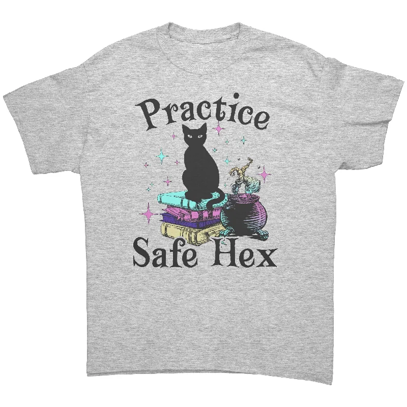 embroidered logo t-shirts -Practice Safe Hex Black Cat Witchy Unisex T-Shirt