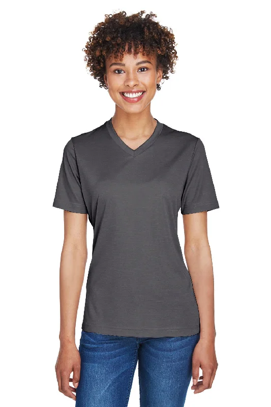 t-shirts with dots -Team 365 Womens Sonic Performance Heather Moisture Wicking Short Sleeve V-Neck T-Shirt - Heather Dark Grey