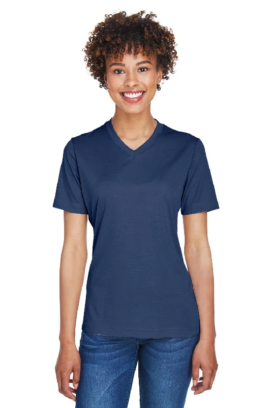 t-shirts with glow -Team 365 Womens Sonic Performance Heather Moisture Wicking Short Sleeve V-Neck T-Shirt - Heather Dark Navy Blue