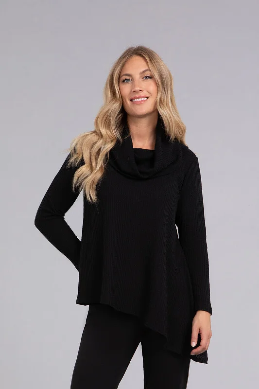 Pullover sweater for winter trips -Angle Cowl Neck Waffle Sweater | Black