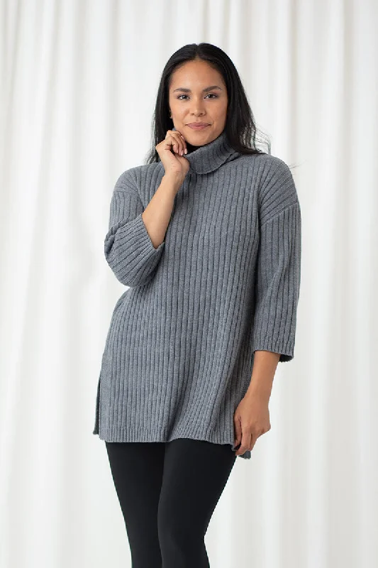 White cozy pullover sweater -Boxy Rib Sweater Tunic | Melange Light Grey