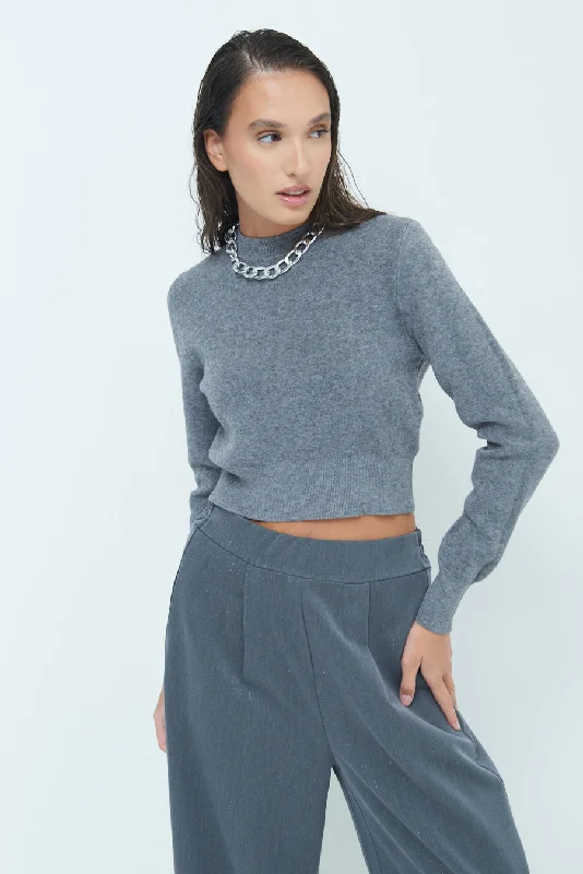 Blue knit pullover sweater -Cozy cropped long-sleeve sweater wholesale