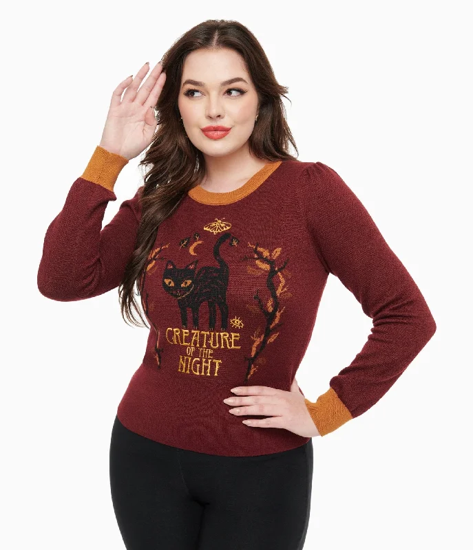 Crew neck pullover sweater -Disney Hocus Pocus Collection by Unique Vintage Burgundy Binx Hocus Pocus Embroidered Sweater