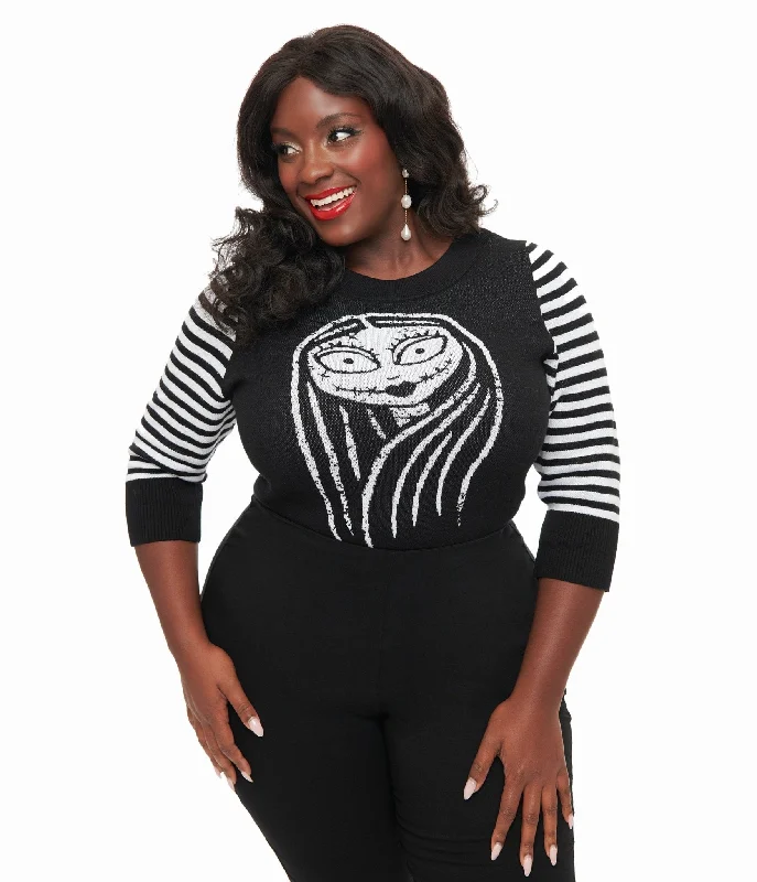 Pullover sweater with side tie -Tim Burton’s The Nightmare Before Christmas by Unique Vintage Plus Size Black & White Stripe Sally Minou Sweater