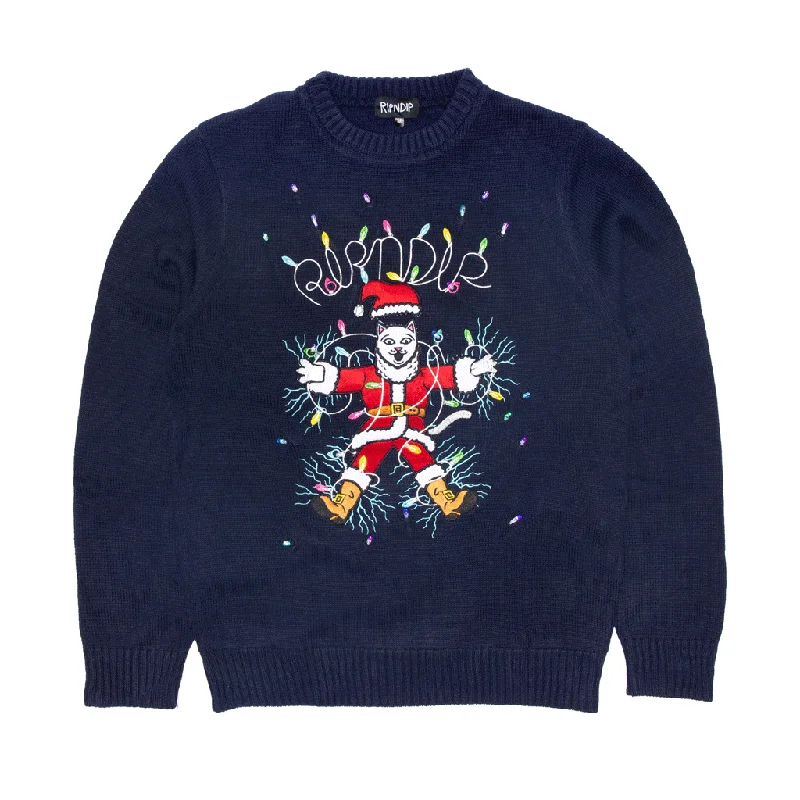 Black cozy pullover sweater -Electrifying Santa Light Up Sweater (Navy)