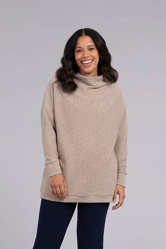 Red knit pullover sweater -Funnel Neck Rib Sweater Tunic | Camel