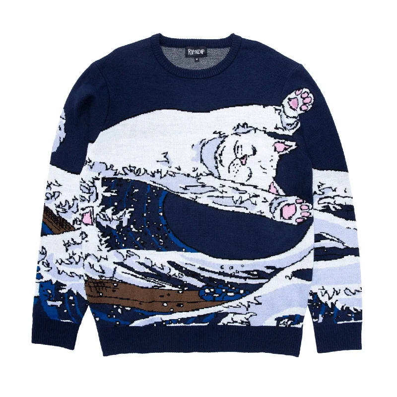 Pullover sweater with drawstring -Great Wave Sweater (Navy)