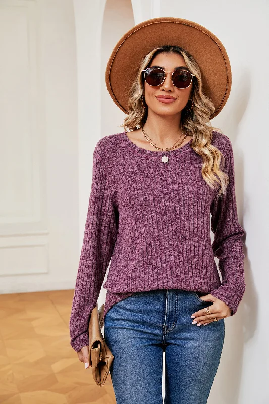 Pullover sweater with button sleeves -Heathered Round Neck Top