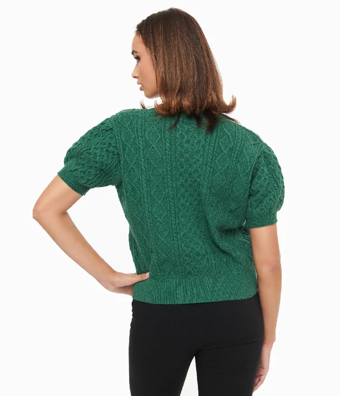 Pullover sweater with soft fringe -Hunter Green Cable Knit Short Sleeve Sweater