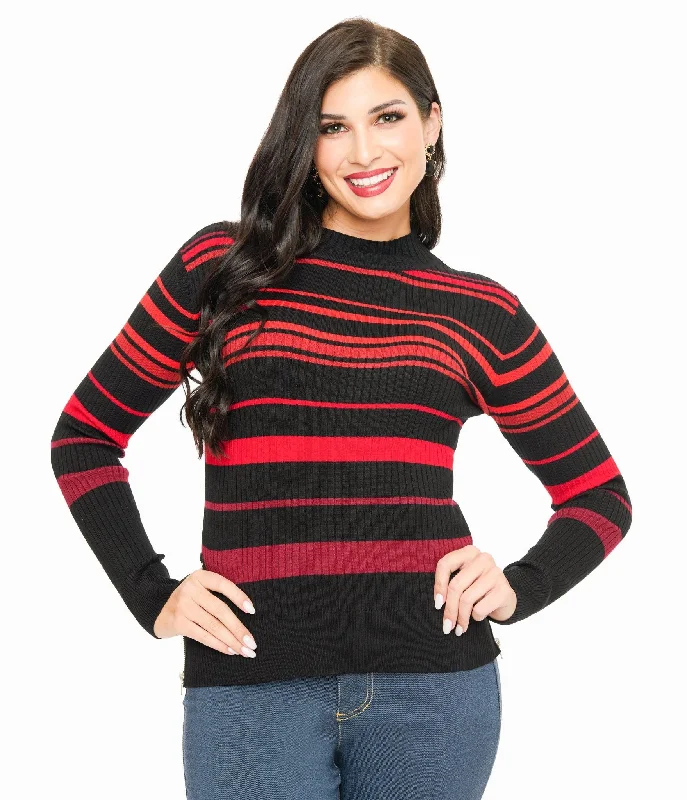 Pullover sweater for cozy evenings -Jawbreaker Red & Black Stripe High Neck Sweater