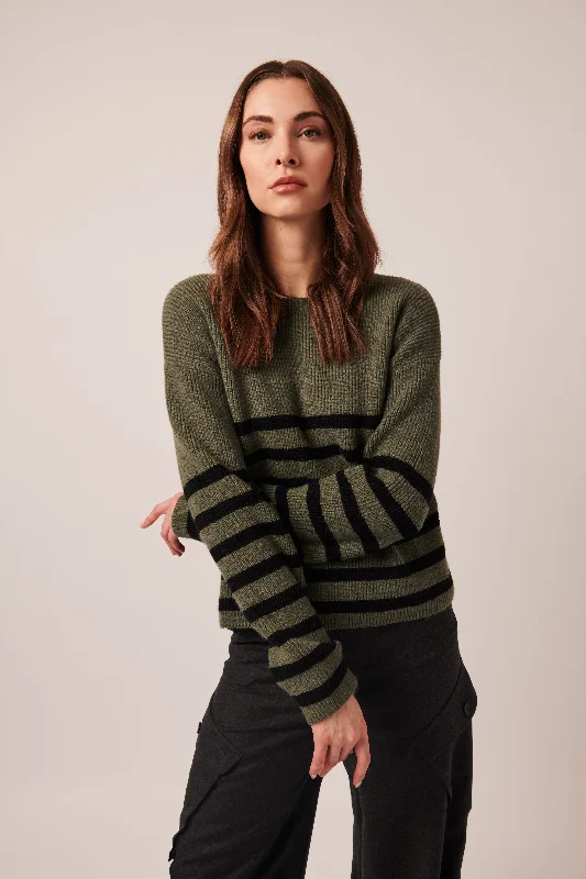 Grey long pullover sweater -FLORALIE STRIPED CREW NECK SWEATER