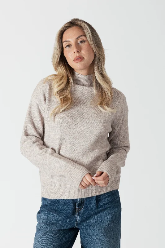 Pullover sweater with floral trim -MABEL LIGHTWEIGHT MOCK NECK SWEATER