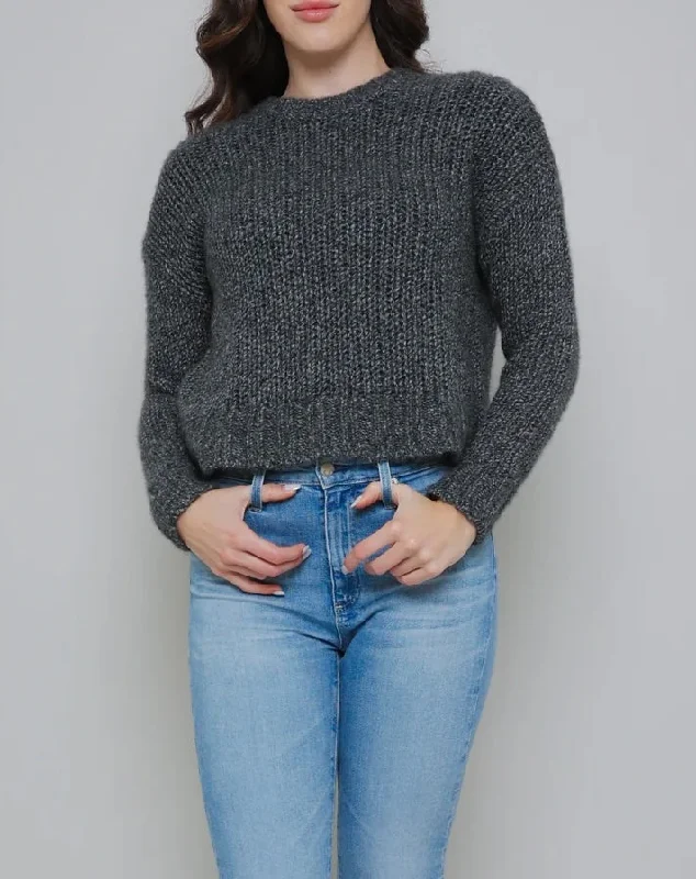 Pullover sweater with floral sleeves -OPEN GAUGE CREW NECK SWEATER