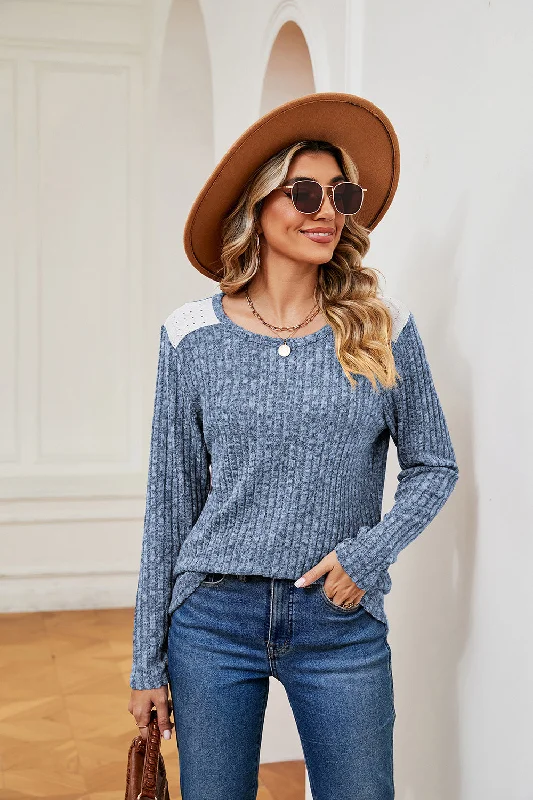 Pullover sweater for summer evenings -Round Neck Ribbed Top