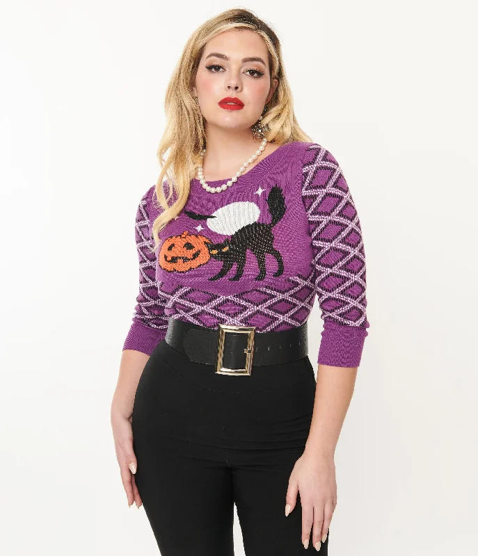 Pullover sweater for cozy adventures -Smak Parlour Purple Plaid & Black Cat Sweater