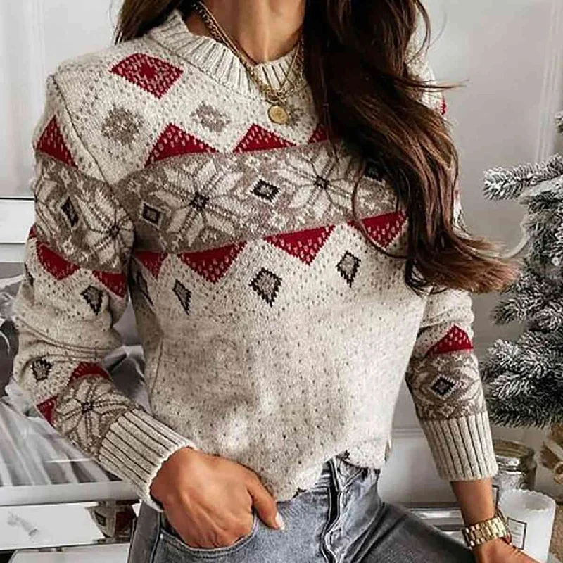 Pullover sweater for holiday party -Snowflake Round Neck Sweater