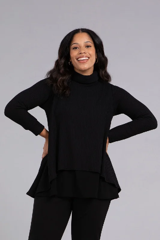 Pullover sweater for spring nights -Split Back Waffle Sweater | Black